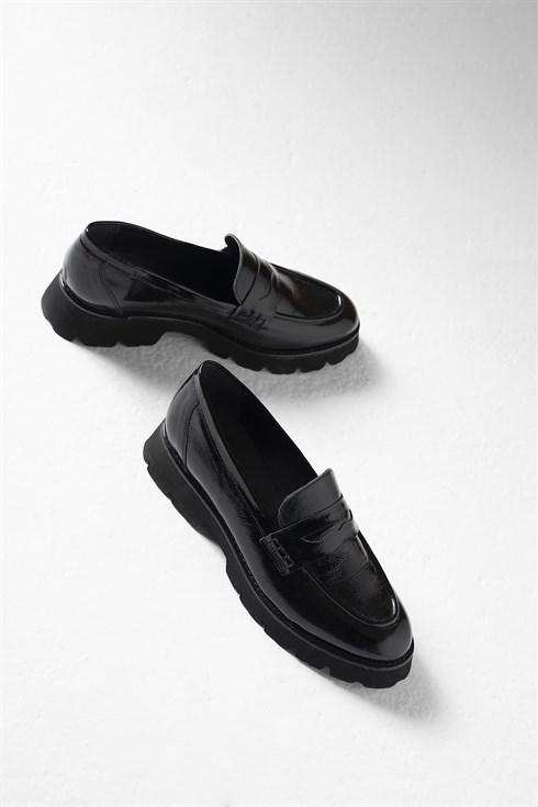 Deri Loafer Ayakkabı Siyah Rugan