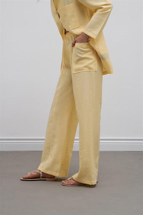 Dikişli Bol Kesim Tensel Pantolon Soft Sarı