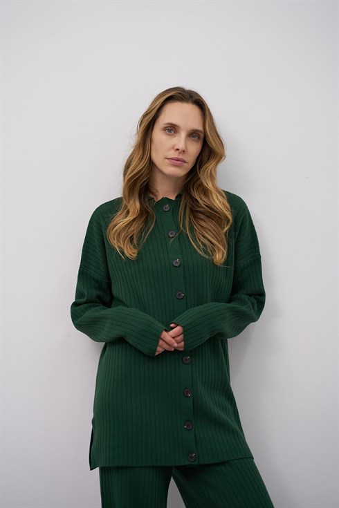 Kadın Fitilli Triko Gömlek Zümrüt Yeşili