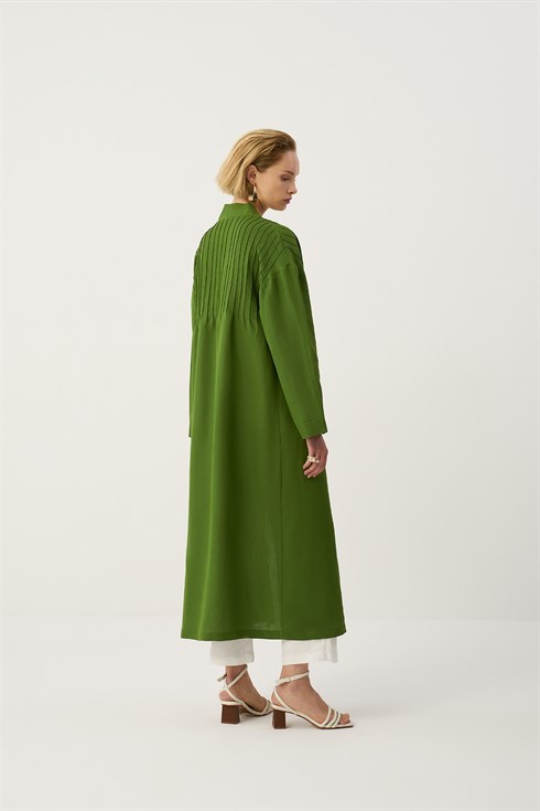 Kadın Nervürlü Ketenli Uzun Kimono Yeşil